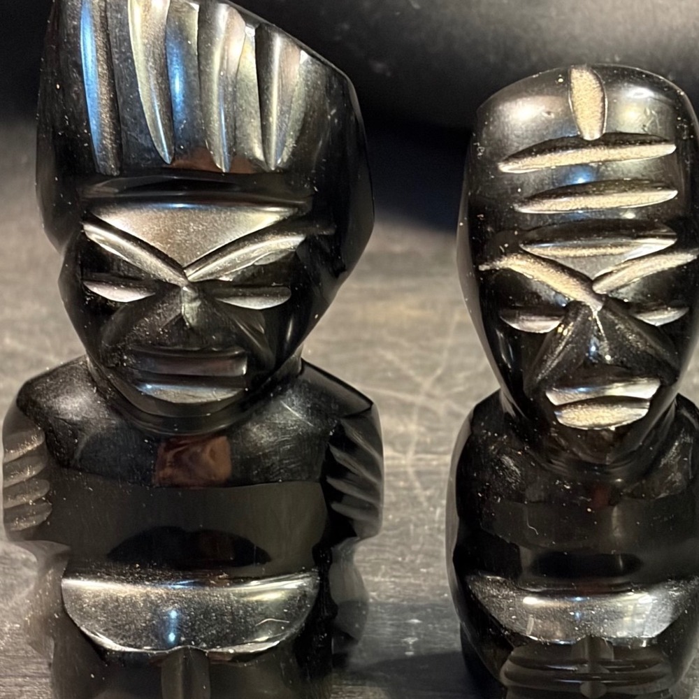Vintage Gold Sheen Obsidian Hand Carved Aztec Mayan Tribal Figurines Set of 2